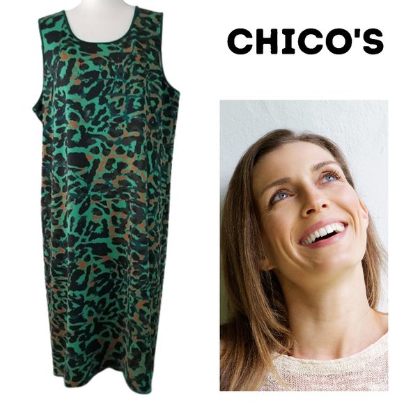 CHICO'S Green Black & Orange Sleeveless Animal Print Dress Women's 3 (16-18) - Picture 1 of 8